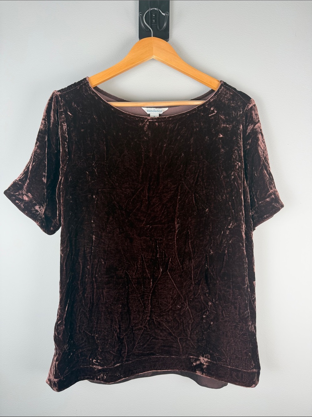 Sundance Whimsigoth Boho Espresso Brown Crushed Velvet Short Sleeve Top